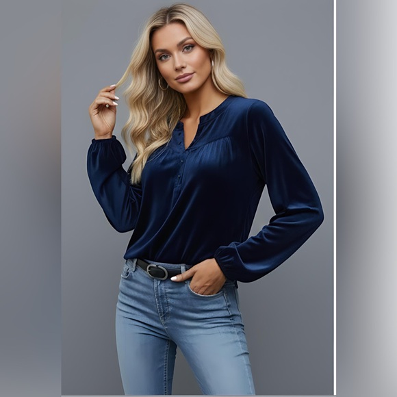 Blue Notched Neckline Lantern Sleeve - Picture 5 of 9